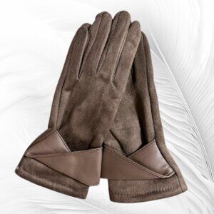 Brown Faux Suede Touchscreen Gloves with Leather Trim